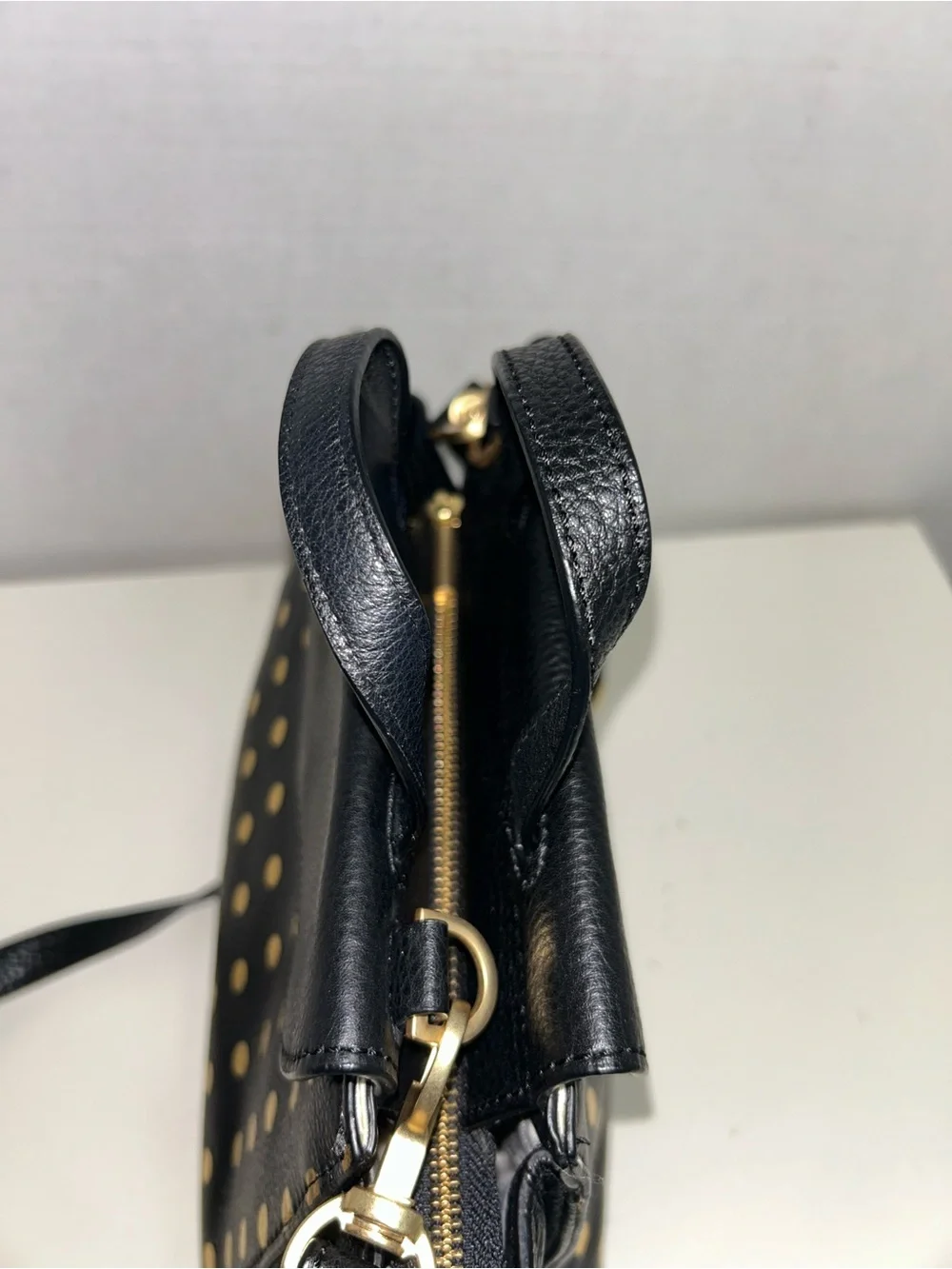 Kate Spade Saturday Black Leather Gold Polka Dot Satchel Crossbody Shoulder Bag